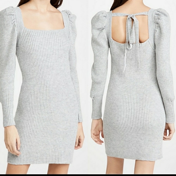 Wayf Dresses & Skirts - WAYF Leland Gray Sweater Dress Sheath Tie Back Midi Dress Puff Sleeve MED